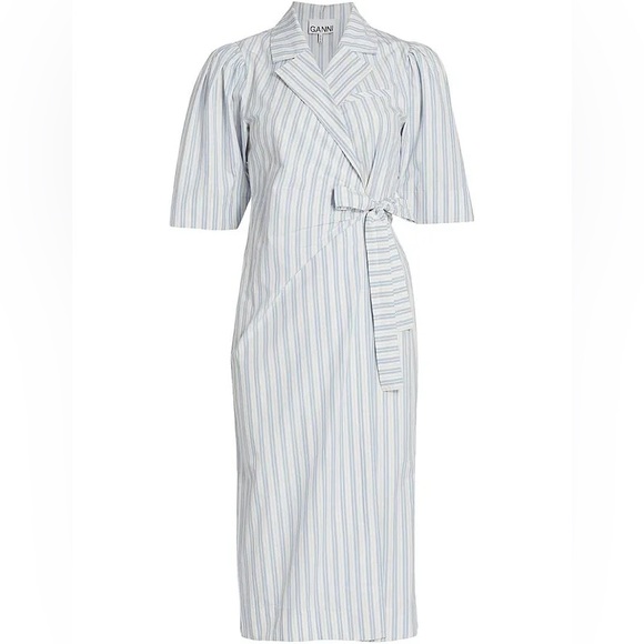 GANNI Striped belted organic cotton-poplin wrap midi dress size EU 32, US 2 - Picture 2 of 11